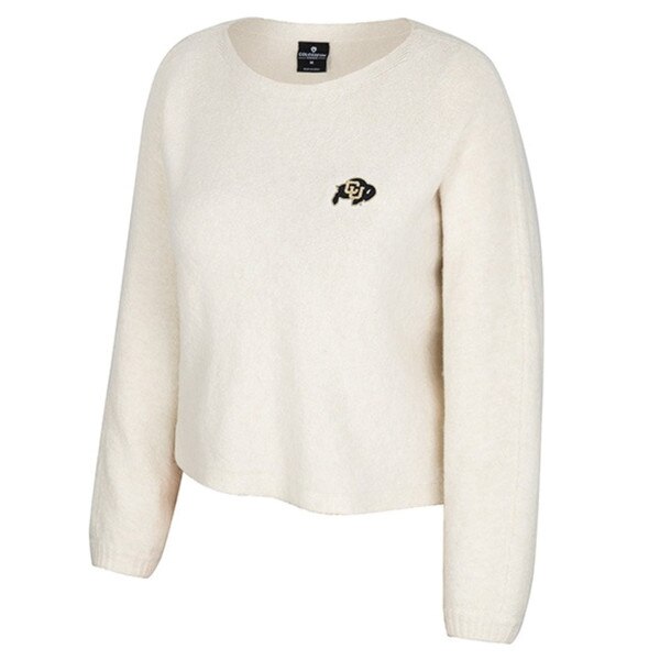 Cream-colored long-sleeve sweater with a crew neckline featuring a small embroidered Colorado Buffaloes logo in black and gold on the left chest.