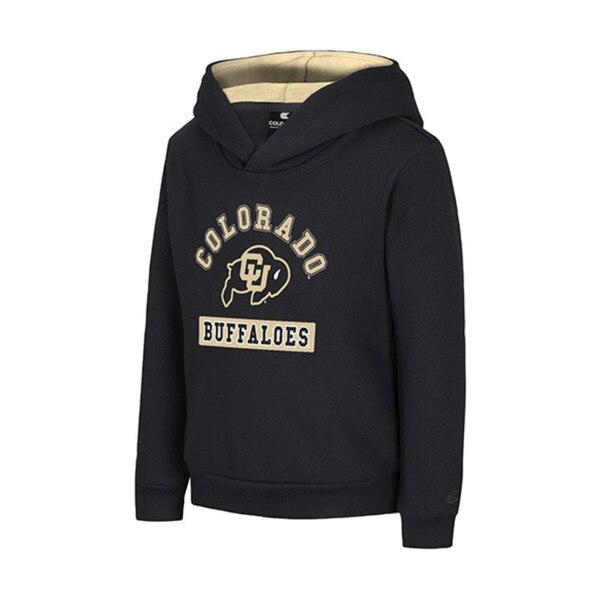 Black toddler hoodie with arched “Colorado Buffaloes” text and CU Buffaloes logo in gold on the front.