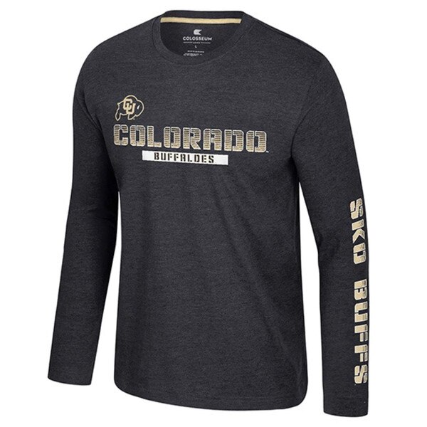 Charcoal long sleeve Colorado Buffaloes shirt with CU Buffaloes logo, "Colorado Buffaloes" text across the chest, and "SKO BUFFS" printed down the right sleeve in gold and white