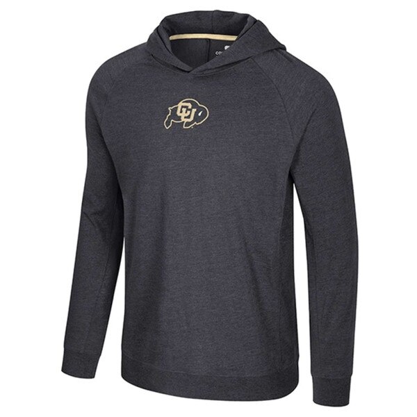 Heather black lightweight hoodie with CU Buffaloes logo on chest and relaxed fit.