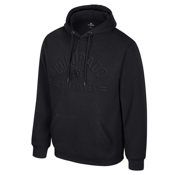 Black hoodie with tonal "Colorado Buffaloes" text and CU Buffaloes logo embossed on front, drawstring hood and front pocket
