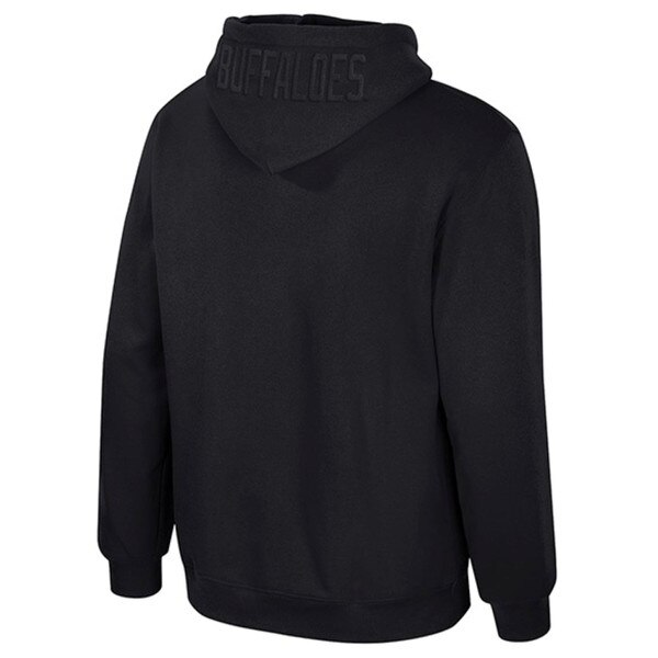 Back view of black Colorado Buffaloes hoodie with tonal "Buffaloes" text across the hood