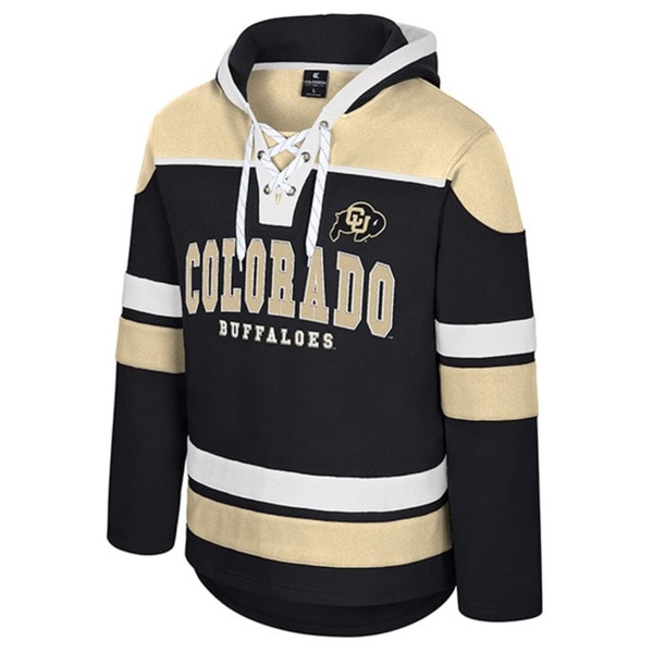 Black and gold lace-up hockey-style hoodie with white stripes, featuring the word "Colorado" in large gold letters, "Buffaloes" below, and the CU Buffaloes logo on the chest.