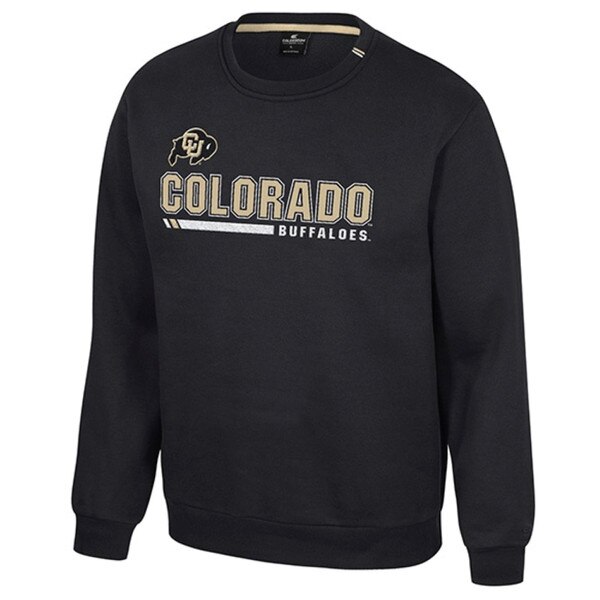 CU Boulder black crewneck sweatshirt with embroidered Colorado Buffaloes text and logo by Colosseum