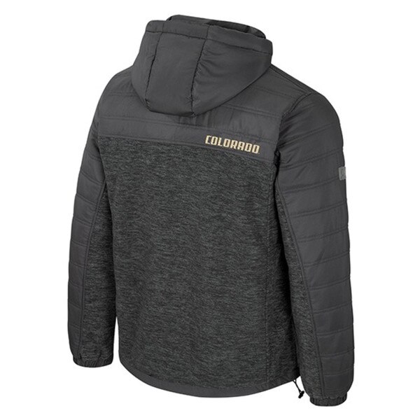 Back view of dark gray hooded jacket with quilted shoulders and sleeves, featuring the word "Colorado" in gold across the upper back.