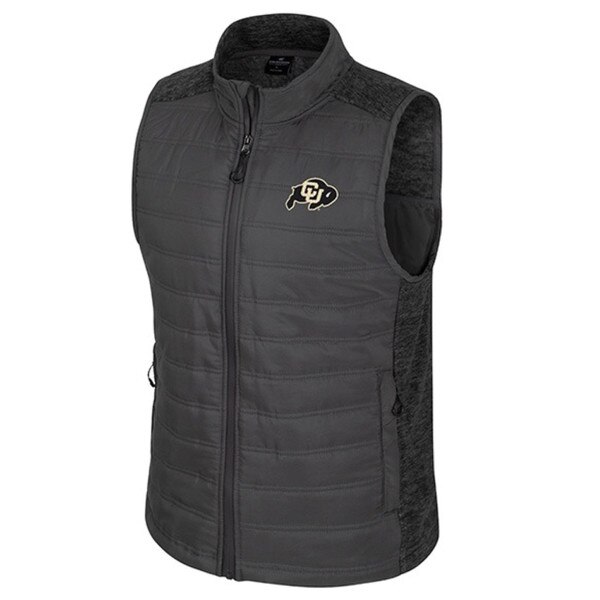 Gray CU Boulder lightweight vest with embroidered Buffalo logo, two front pockets, and full zip closure