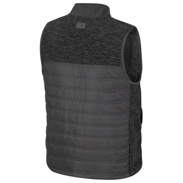 Back view of gray CU Boulder lightweight vest with quilted panels and heathered fabric on shoulders and sides, sleeveless design with full coverage