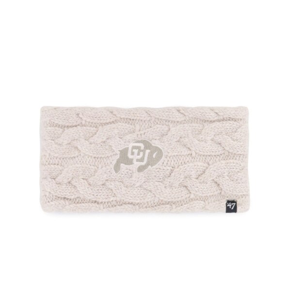 eige CU Boulder chunky knit headband with embroidered gold buffalo logo and cable knit pattern.