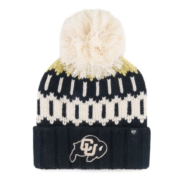 Black and gold CU Boulder knit beanie with oversized cream pom, chunky knit pattern, and embroidered gold and black buffalo logo on cuff.