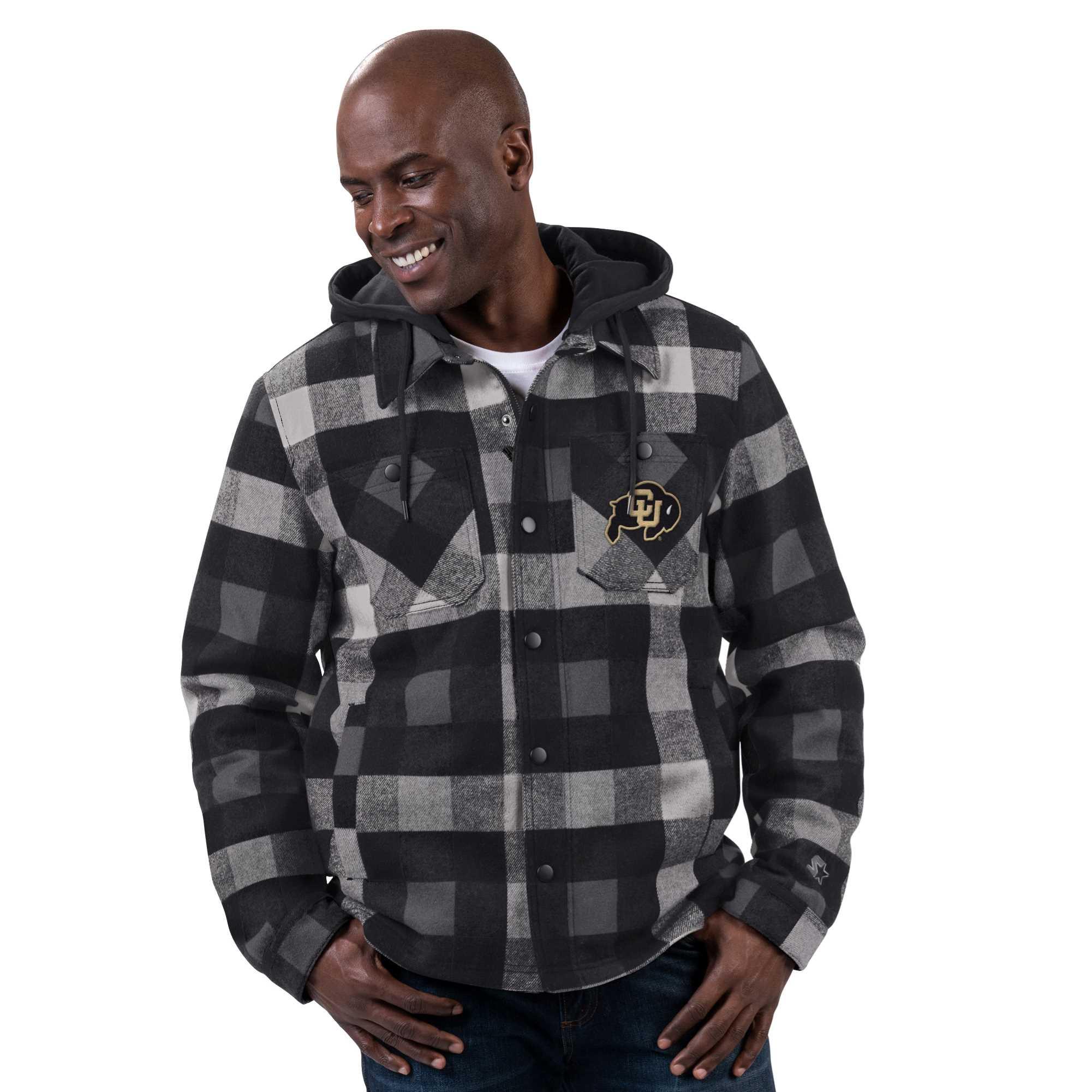 Black and gray plaid button-up jacket with a hood, featuring the Colorado Buffaloes logo in gold and black on the left chest.