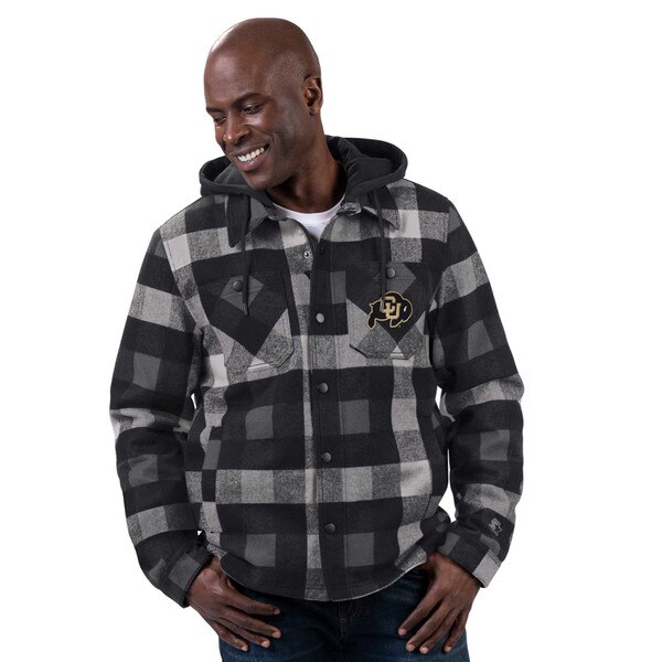 Black and gray plaid button-up jacket with a hood, featuring the Colorado Buffaloes logo in gold and black on the left chest.
