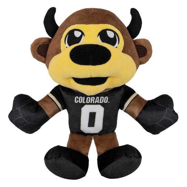 CU Boulder Chip mascot Kuricha plush standing upright, wearing black Colorado jersey with number 0, smiling face with large eyes and horns.