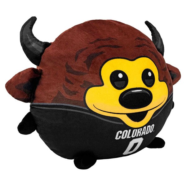 Side angle of round plush Chip the Buffalo mascot in black Colorado jersey