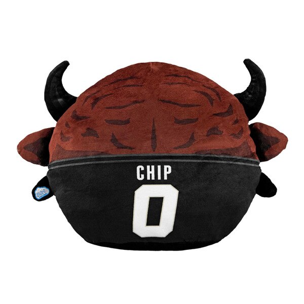Back of round plush Chip the Buffalo mascot with CHIP and number 0 on jersey