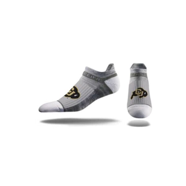 This pair of socks is grey with white detailing. The toe and heel of the socks are white, with the rest of the sock being varying shades of gray. The CU Buffalo logo is black and gold.