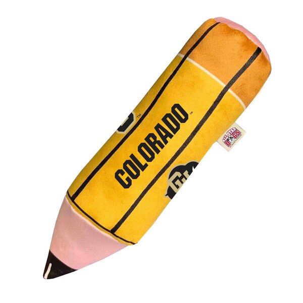 Yellow plush pencil-shaped dog toy with black stripes and pink eraser, featuring Colorado Buffaloes logo