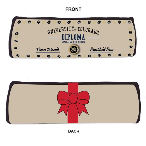 University of Colorado diploma-themed dog toy with paw prints, red ribbon detail, and CU Buffaloes seal.