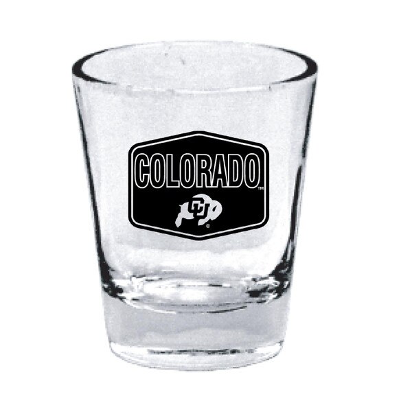 This is a Clear glass shot glass. There's a black hexagon shape on the front with a cutout small C.U. buffalo logo. Colorado is in bold and cutout as well.