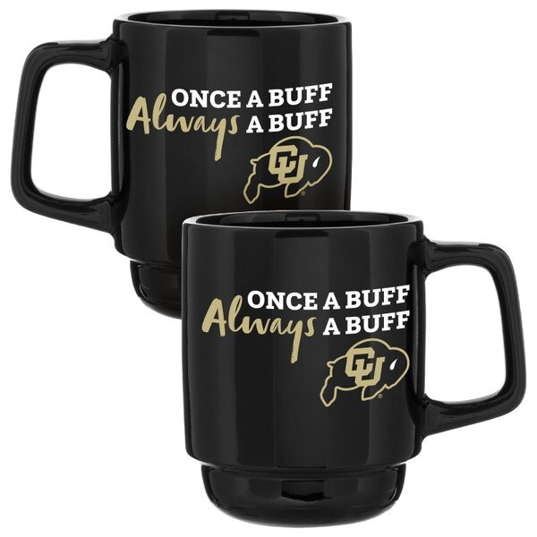 A black mug with "Once a buff always a buff" and CU Buffalo logo printed. "Once a buff" and "a buff" is written in white. "Always" is written in a gold script font. Bottom of the mug tapers inwards.