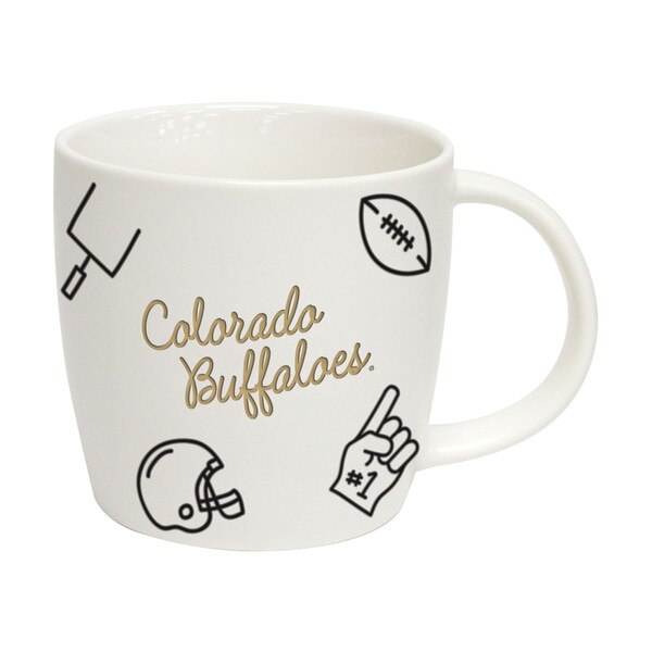 White ceramic mug featuring 'Colorado Buffaloes' text in gold with black football-themed illustrations, including a helmet, foam finger, football, and goalpost.