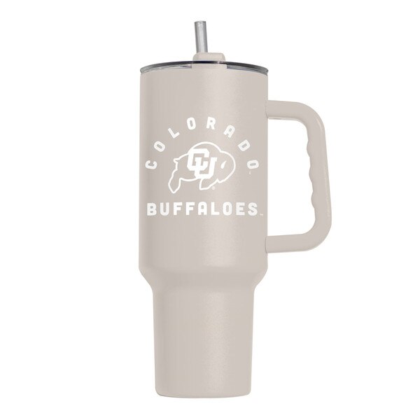 CU Buffaloes 40oz stainless steel tumbler with handle, straw lid, and double-wall insulation.