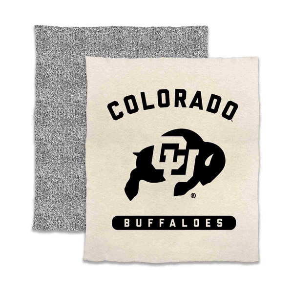 Two-sided CU Boulder throw blanket with cream front featuring black Colorado Buffaloes logo and text, and gray marled back.