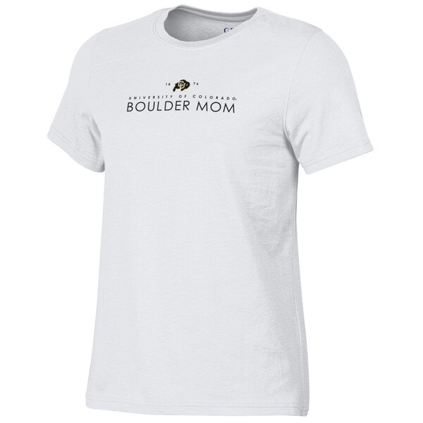White T-shirt with CU Buffaloes logo and “University of Colorado Boulder Mom” text in black.