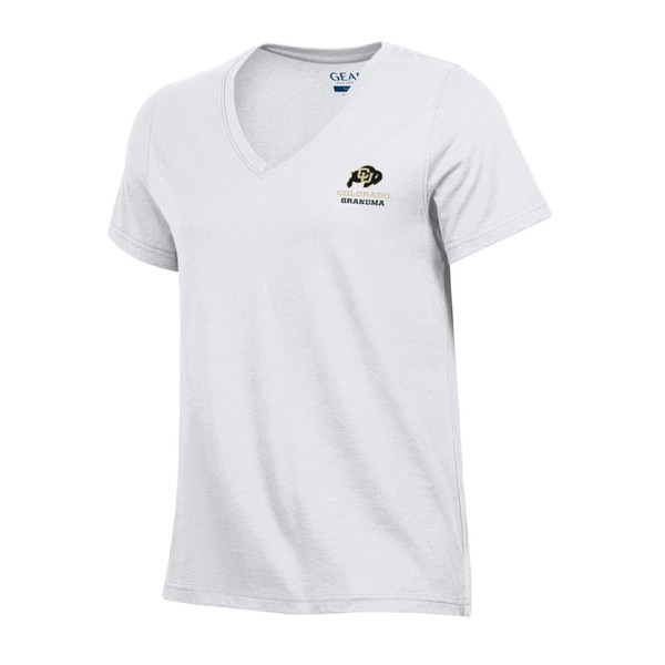 White V-neck T-shirt with CU Buffaloes logo and “Colorado Grandma” text on left chest.