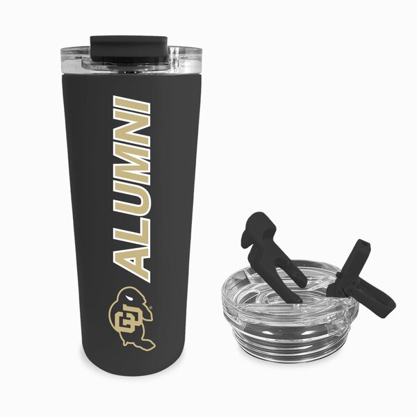 A 24 ounce black tumbler mug. Lid is clear with a black seal. CU Buffalo logo and "Alumni" are written vertically up the side.
