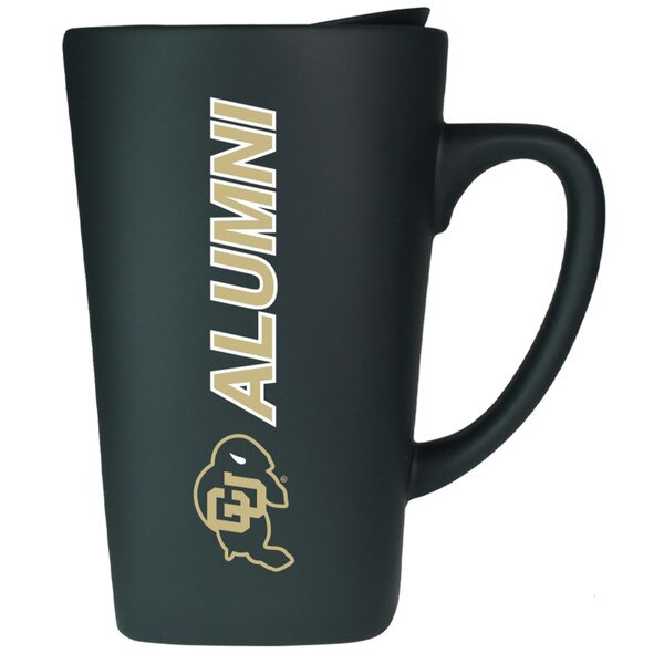 A 16 ounce black tumbler mug with handle. The CU Buffalo logo and "Alumni" are printed vertically up the side.