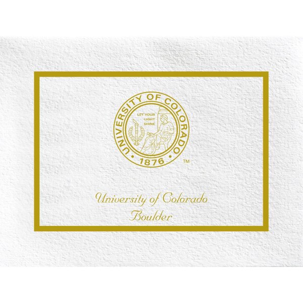 University of Colorado Boulder note card with gold seal and border on textured white paper