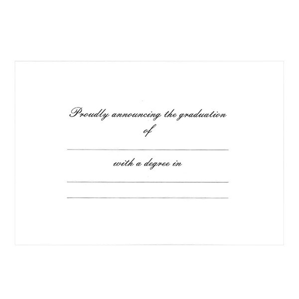 Graduation announcement insert card with blank lines for name and degree details in script font on white background