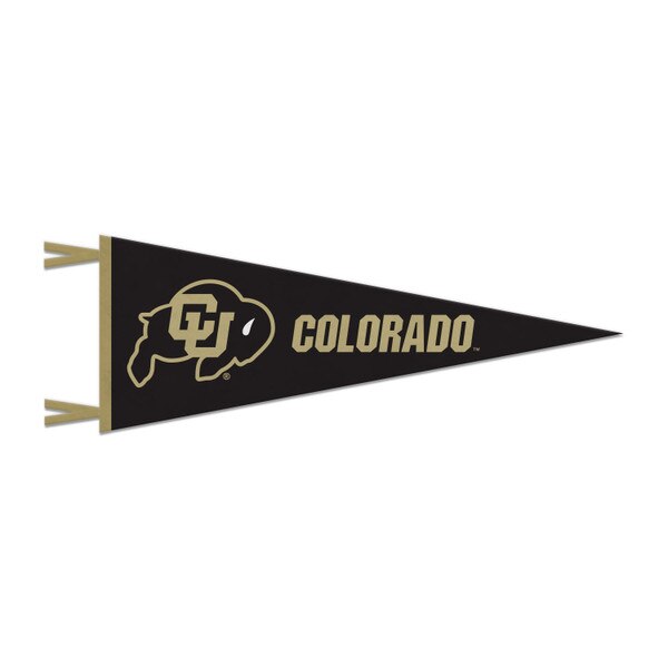 Black pennant with gold CU Buffalo logo and "Colorado" written in gold. Gold tie tags on the left.