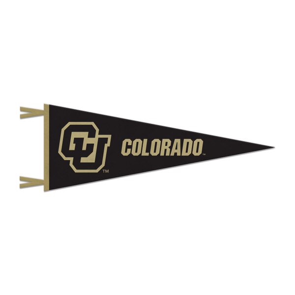 Black pennant with gold CU Interlocking logo and "Colorado" written in gold. Gold ties on the left side.