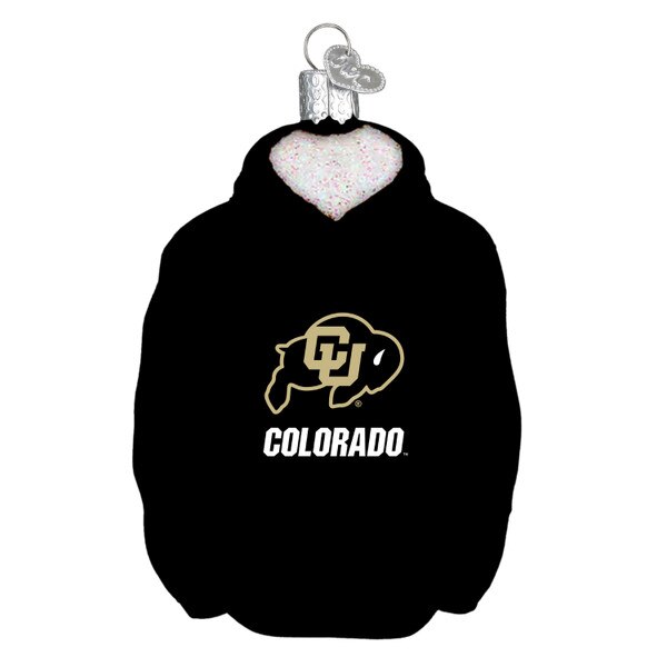 Ornament of a CU Buffaloes black hoodie sweatshirt. CU Buffaloes logo and "Colorado" printed on hoodie. Silver hanger on top.