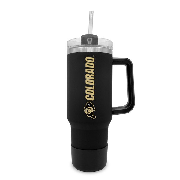 A 40 ounce black tumbler with clear lid and clear straw. "Colorado" is written in gold vertically up the side.