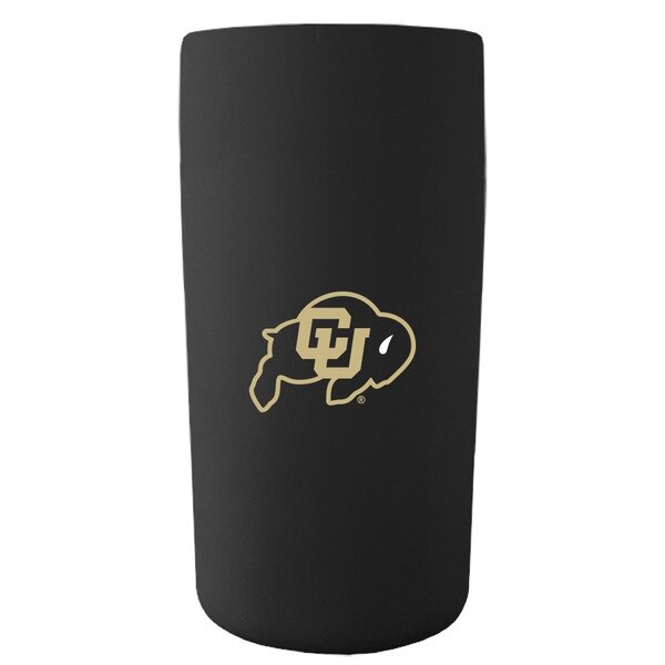 Soft touch black shot glass with CU Buffalo logo in gold