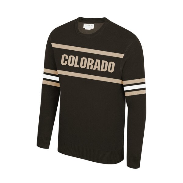 black crew sweater. two horizontal, diagonal gold stripes along chest. "Colorado" in gold in between. Three Gold, white, and gold horizontal stripes above elbow on both sleeves.