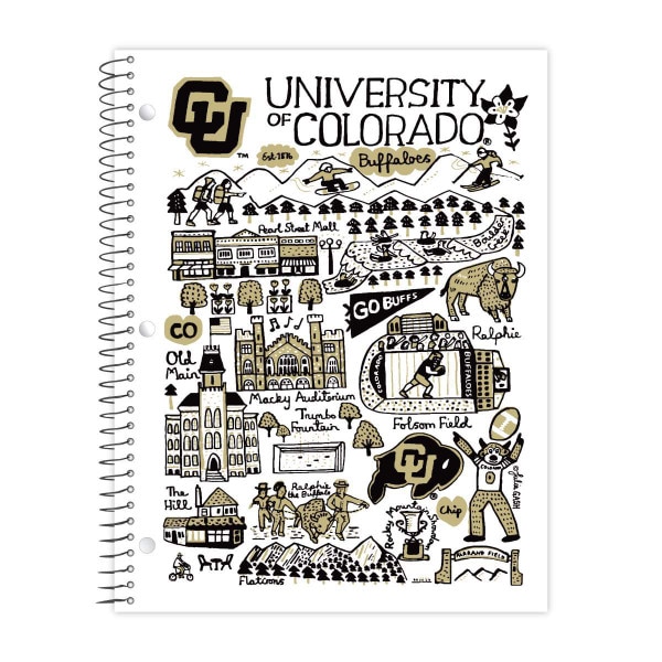 University of Colorado spiral notebook with CU Buffaloes campus illustration and white background, front cover view