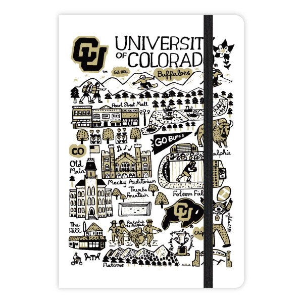 White University of Colorado notebook with CU Buffaloes campus doodle art and elastic band closure, front view