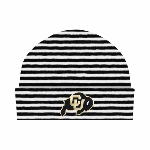 Black and white striped baby beanie with CU Buffaloes logo on front cuff