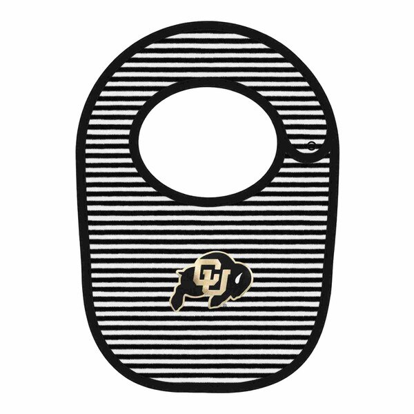 Black and white striped infant bib with CU Buffaloes logo centered on front.