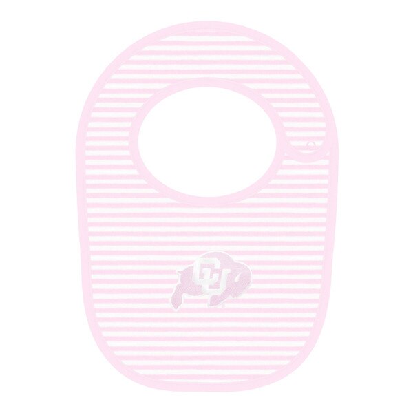 Pink and white striped infant bib with CU Buffaloes logo centered on front.