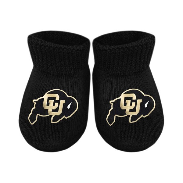 Black baby booties with black and gold CU Buffaloes logos on the front of each sock.