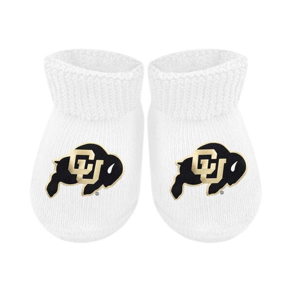 White baby booties with black and gold CU Buffaloes logos on the front of each sock.