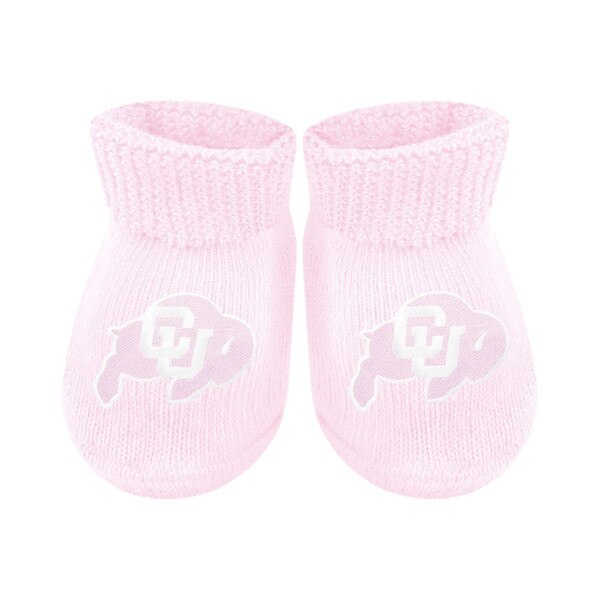 Pink infant booties with white CU Buffaloes logos on top.