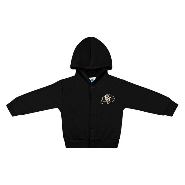 Black infant hooded snap-front sweatshirt with CU Buffaloes logo on left chest.