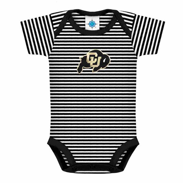 Black and white striped infant bodysuit with CU Buffaloes logo on front and black trim.