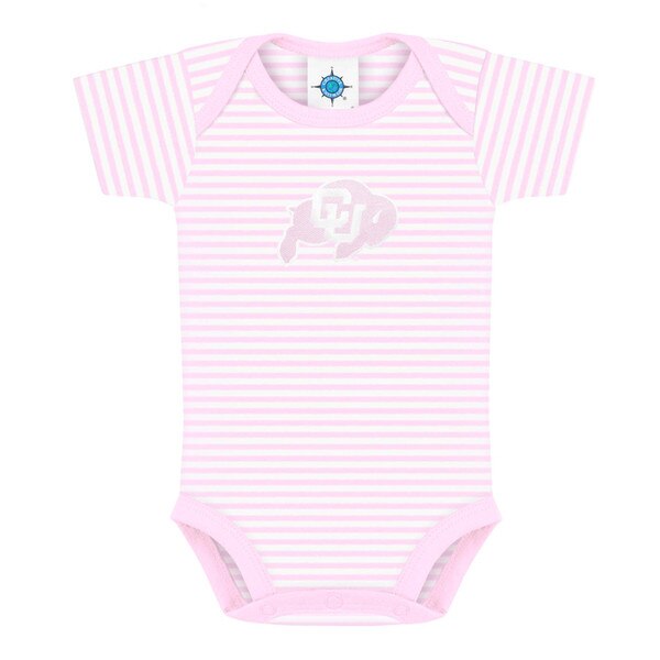 Pink and white striped infant bodysuit with tonal CU Buffaloes logo on front and pink trim.