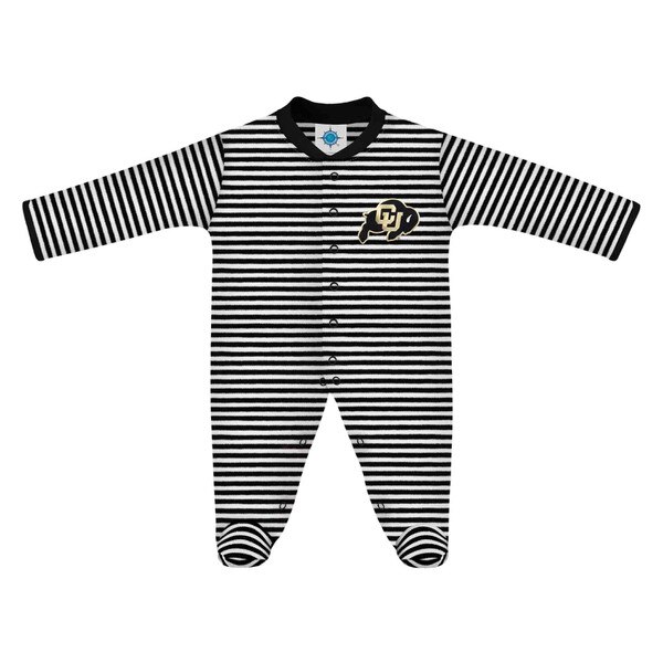 Black and white striped infant footed sleeper with CU Buffaloes logo on left chest.